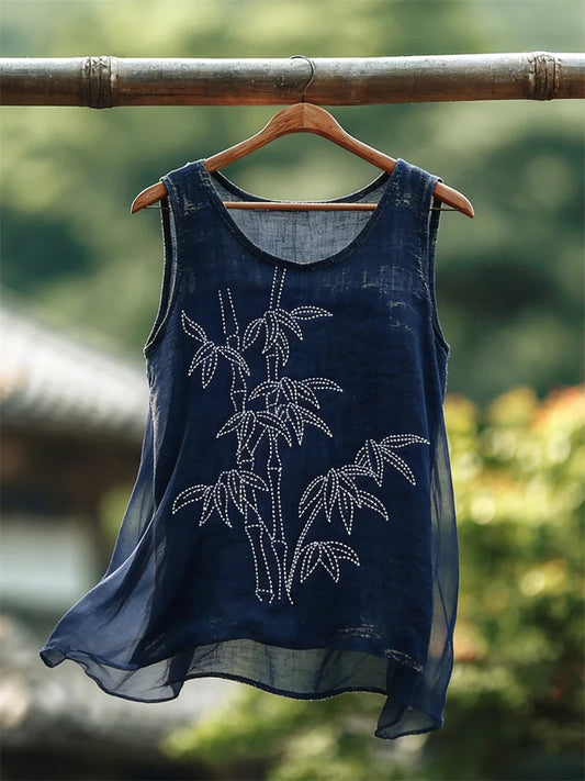 Women's Bamboo Embroidery Pattern Cotton Linen Top