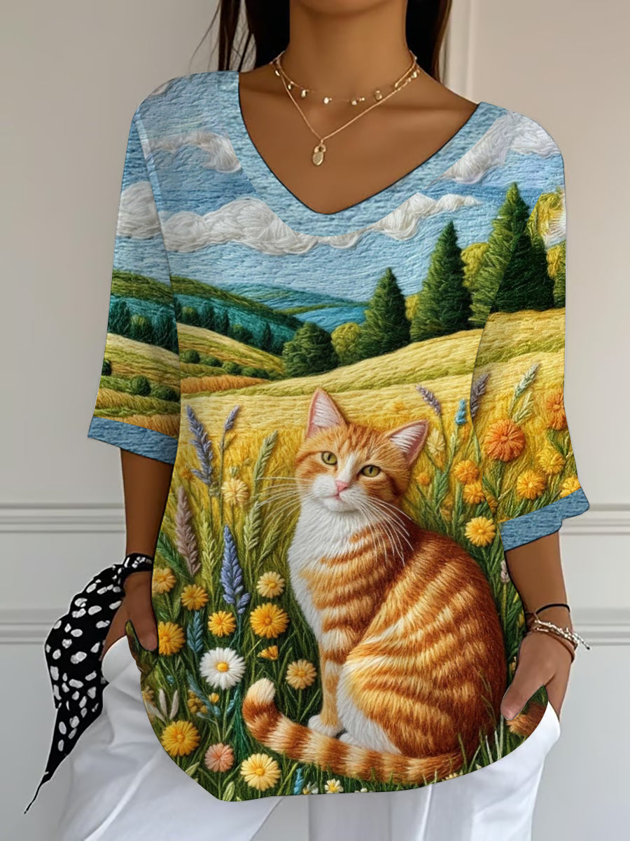 Women's Amusing Cat-Themed Flowers Print Top