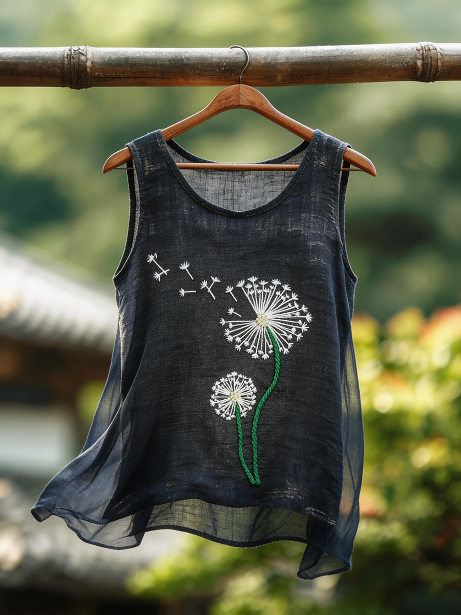 Women's Japanese Art Dandelion Pattern Cotton Linen Top