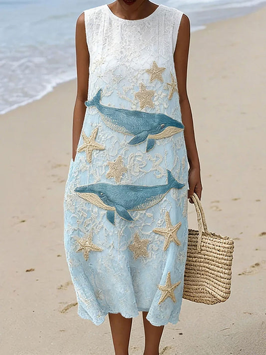Women's Jellyfish Art Pattern Cozy Linen Sleeveless O-neck Dress