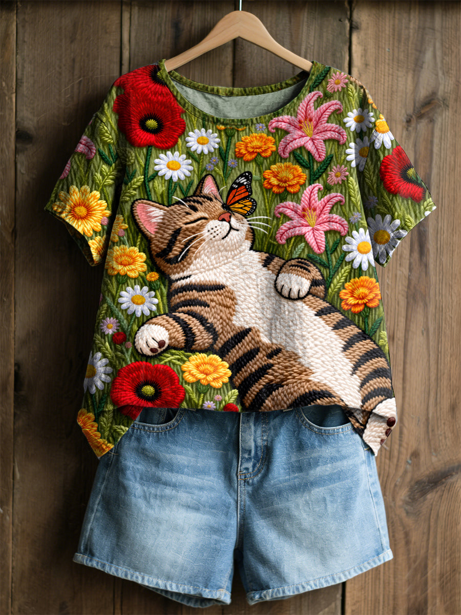 Women's Amusing Cat-Themed Flowers Print Linen Short Sleeves T-shirt