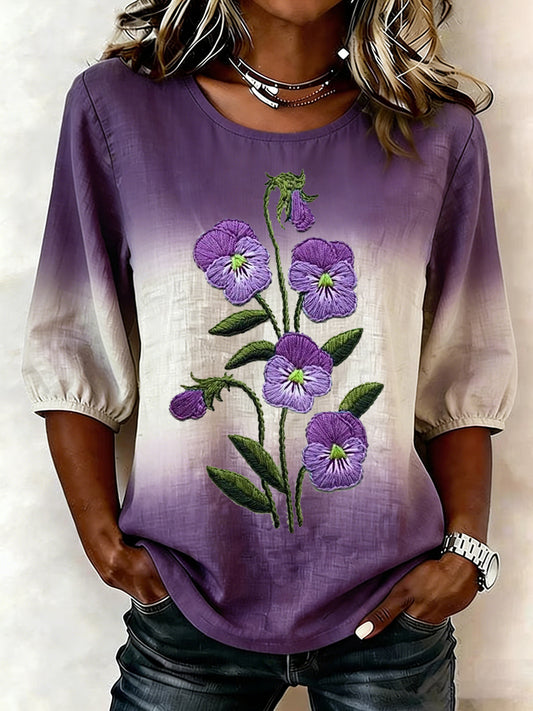Women's Purple Floral Print  Alzheimer's Awareness Support Half-Sleeve Shirt