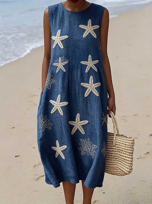 Women's Vintage Starfish Pattern Flowy Linen Sleeveless Midi Dress