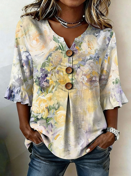 Women's Floral Art Linen Shirt