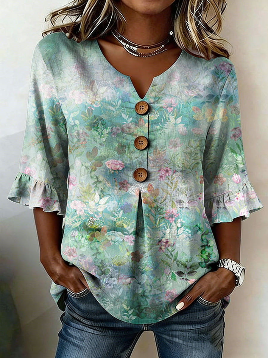 Women's Floral Art Linen Shirt