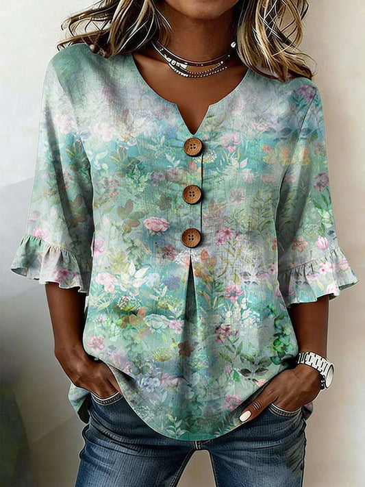 Women's Floral Art Linen Shirt