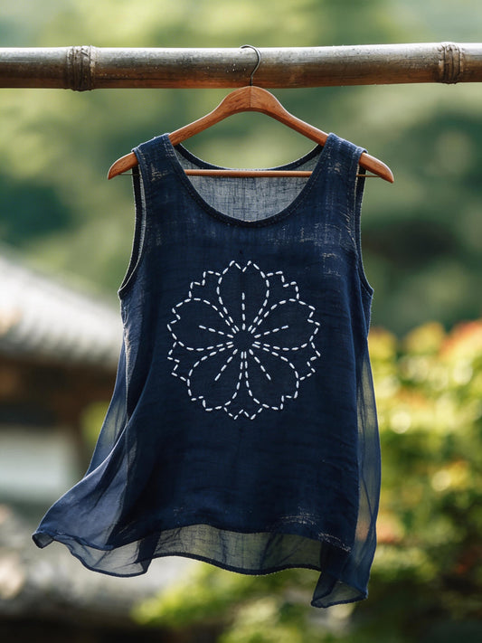 Women's Japanese Art Cherry Blossom Pattern Cotton Linen Top