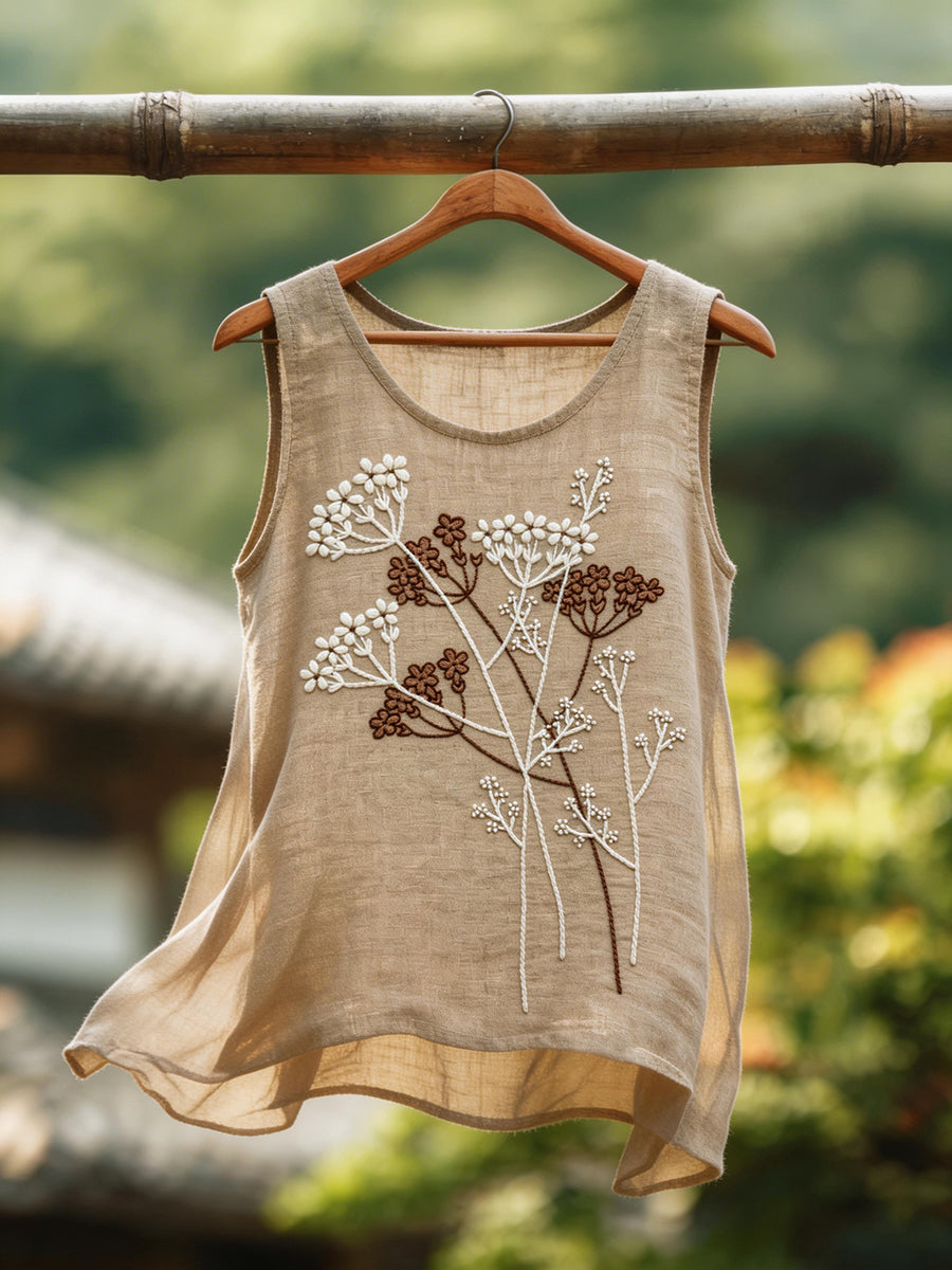 Women's Vintage Floral Embroidery Pattern Cotton Linen Top