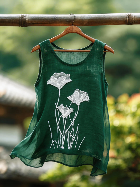 Women's Classy Lace Floral Pattern Cotton Linen Top