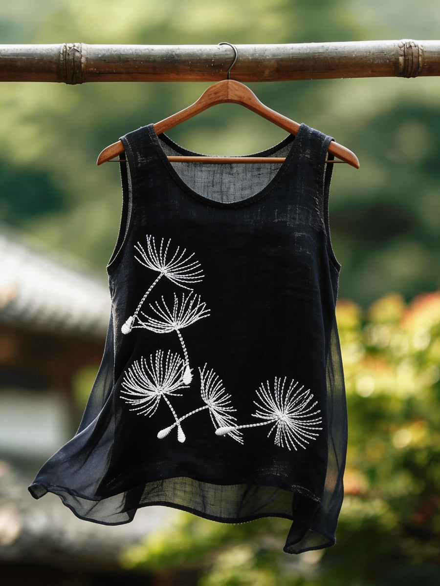 Women's Classy Floral Embroidery Pattern Cotton Linen Top
