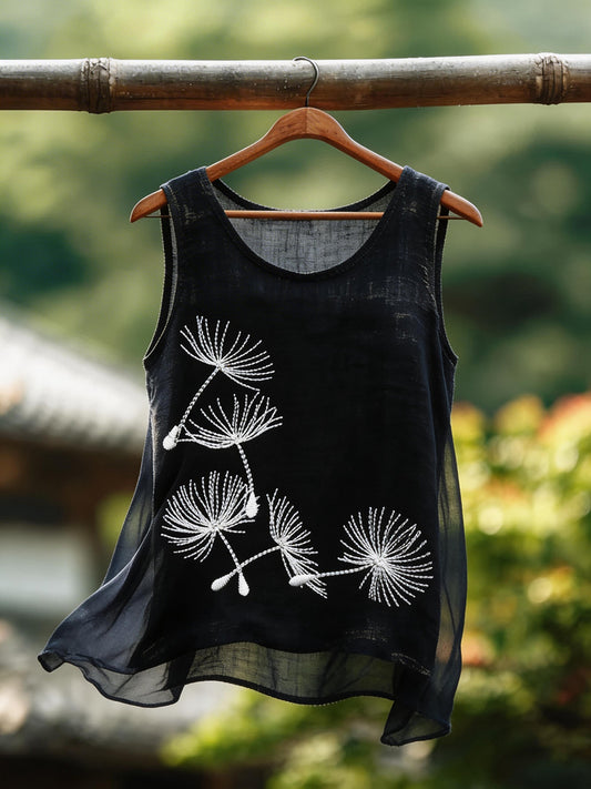 Women's Classy Floral Embroidery Pattern Cotton Linen Top