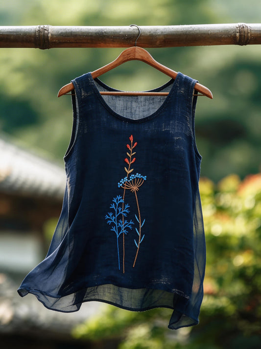 Women's Japanese Art Floral Pattern Cotton Linen Top