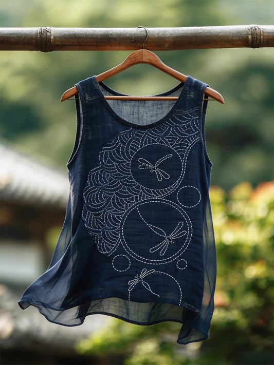 Women's Japanese Art Dragonfly and Wave Pattern Cotton Linen Top