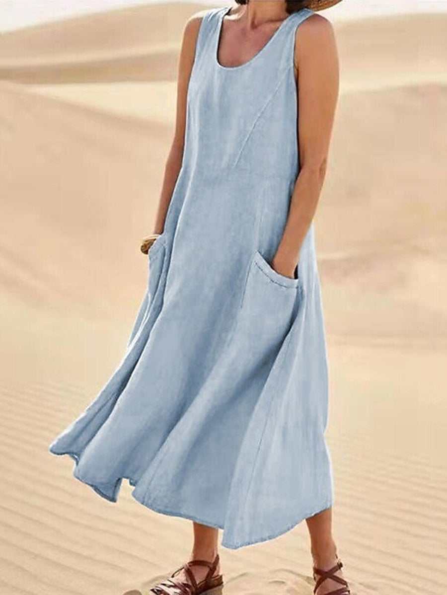 Women's Casual Elegant Sleeveless Cotton Midi Dress