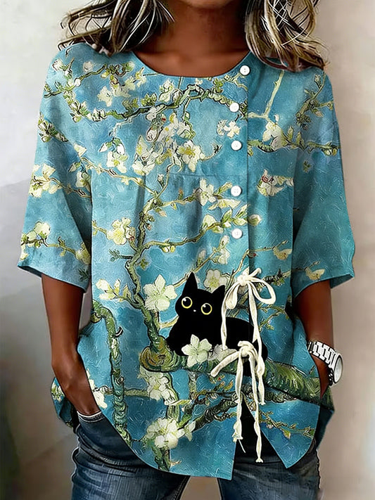 Women's Cat & Floral Print Lace-Up Cotton Top