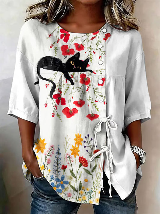 Women's Cat & Floral Print Lace-Up Cotton Top