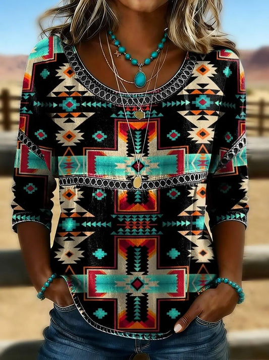 Women's Retro Western Aztec Print Casual T-shirt