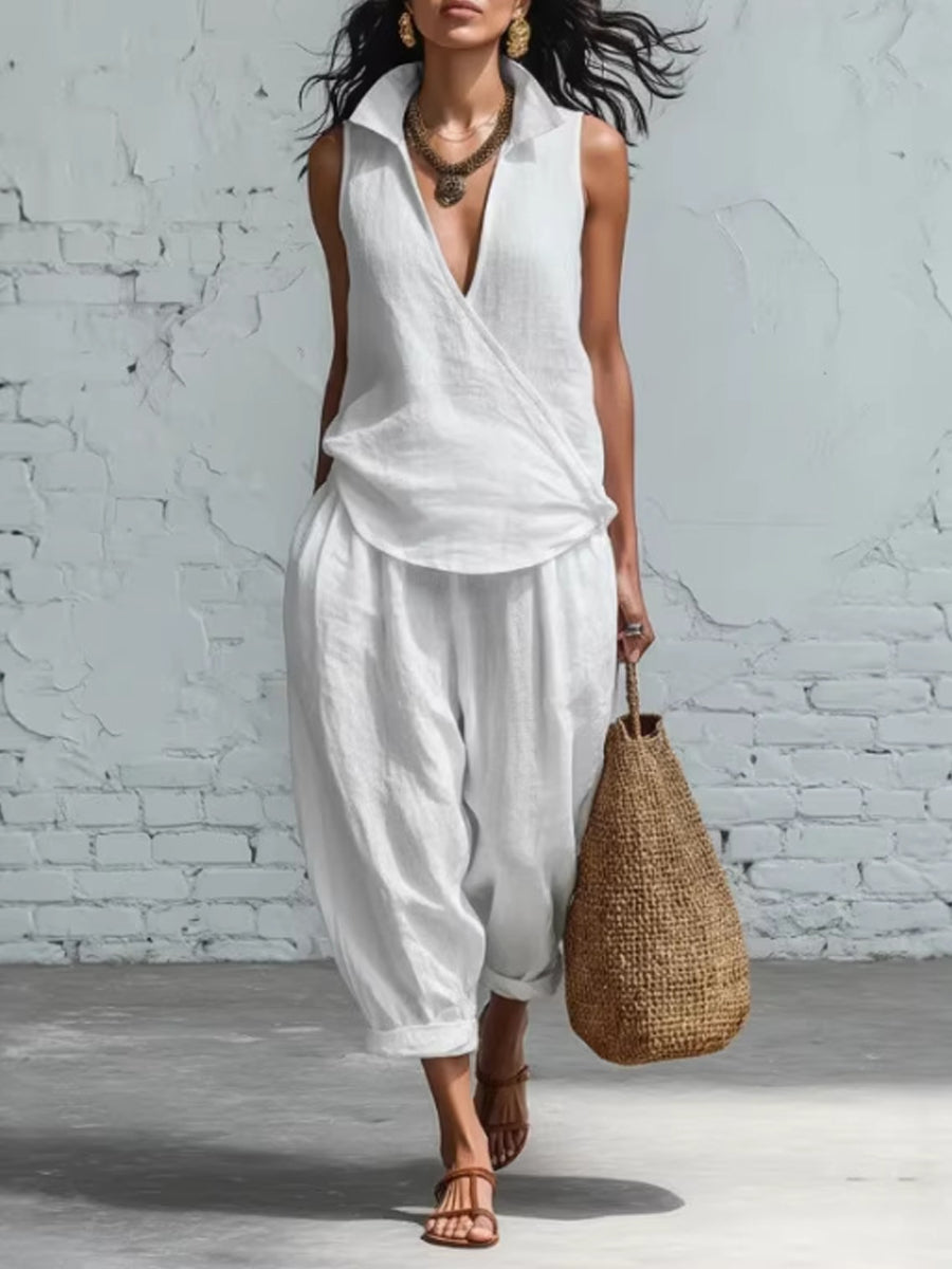 Women's collared shirt and wide-leg trousers linen two-piece set
