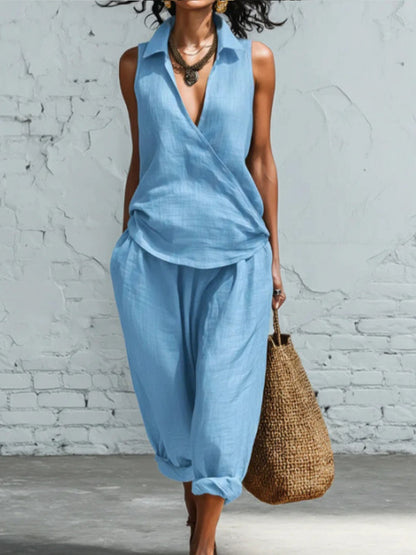 Women's collared shirt and wide-leg trousers linen two-piece set