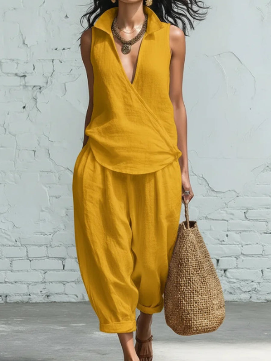 Women's collared shirt and wide-leg trousers linen two-piece set