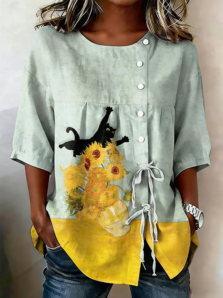 Women's Cat & Floral Print Lace-Up Cotton Top