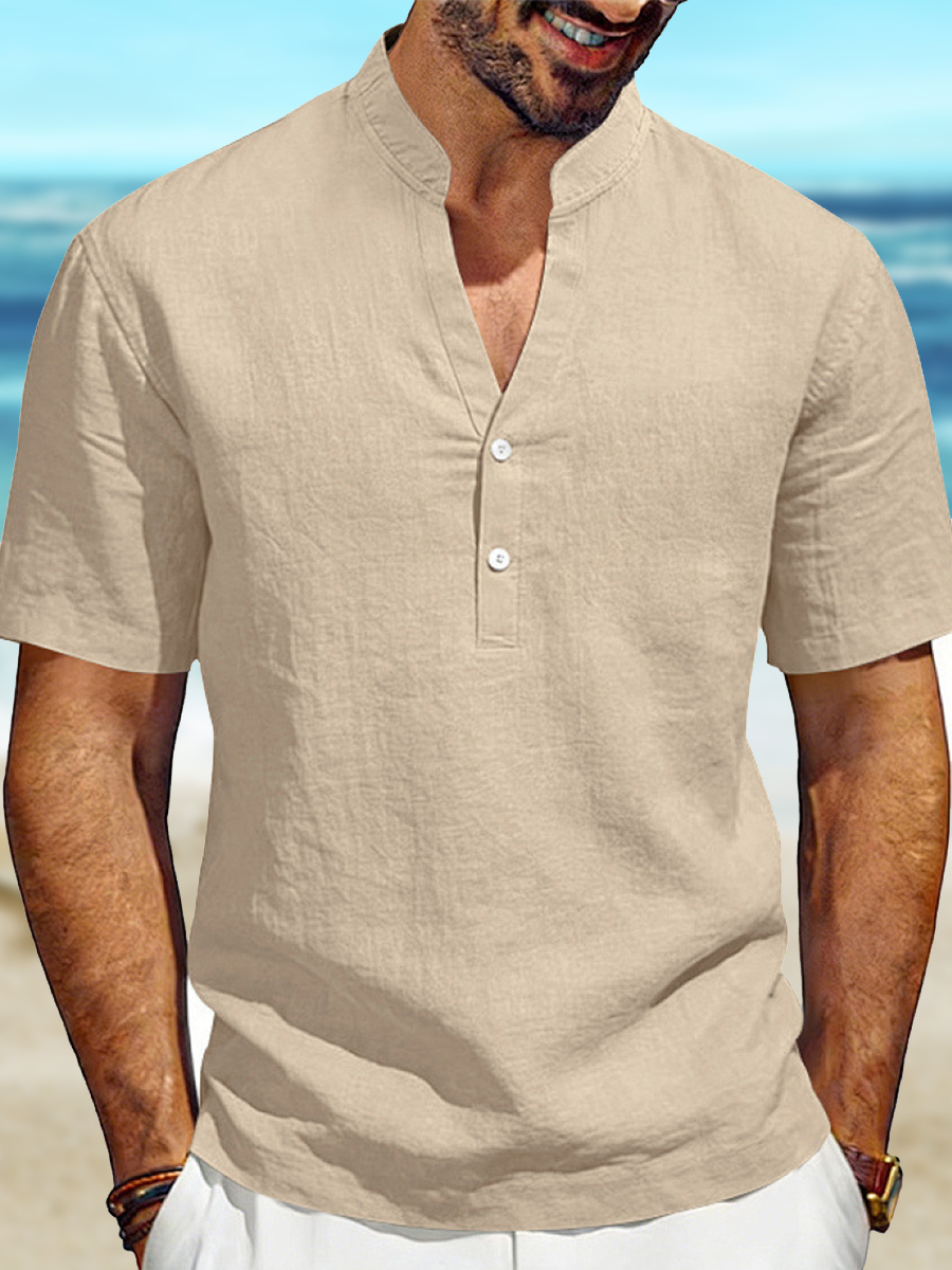 Men's Loose Casual Linen Commuter Breathable Henry V-Neck Short Sleeve Shirt
