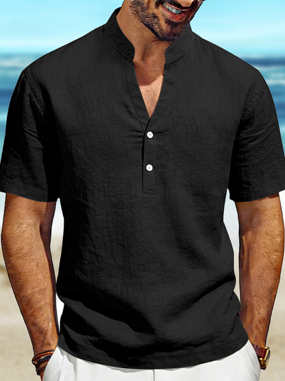 Men's Loose Casual Linen Commuter Breathable Henry V-Neck Short Sleeve Shirt