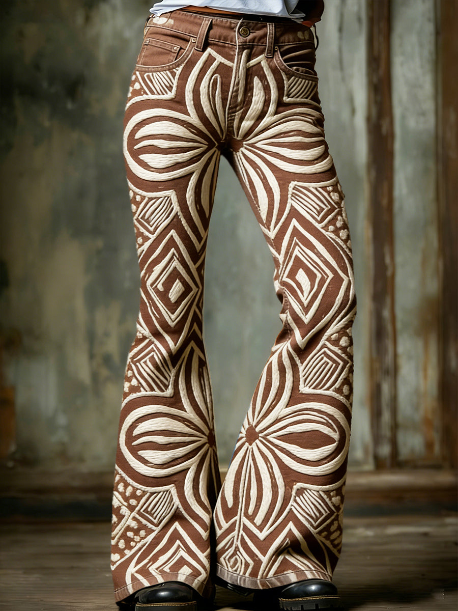 Women’s Brown Bohemian-Style Floral Print Casual Fashion Flared Trousers