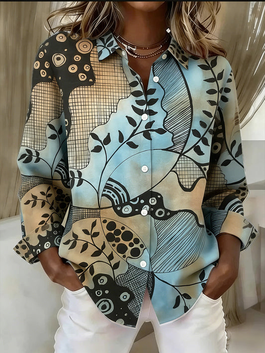 Women’s Vintage Abstract Floral Print Casual Long-Sleeved Shirt