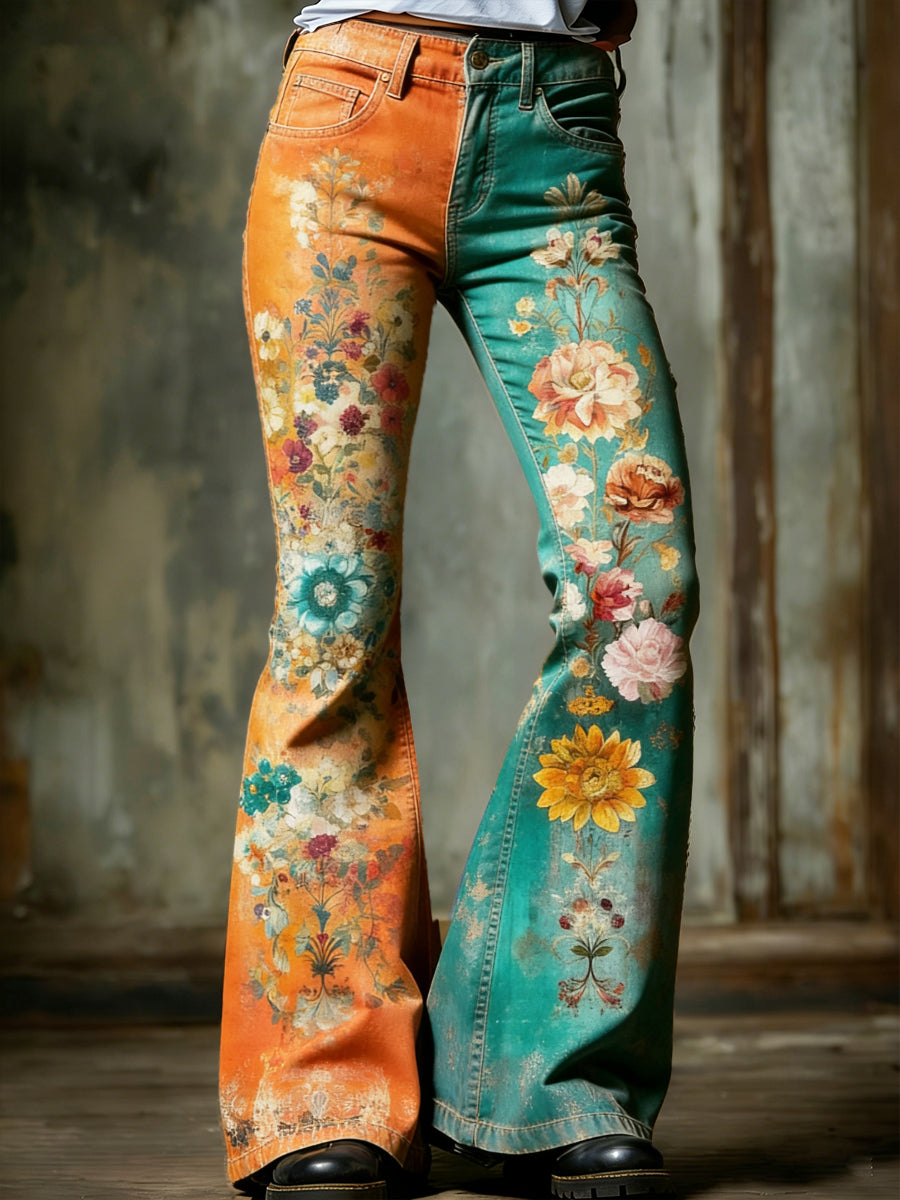 Women’s Patchwork Oil Painting Print Bohemian-Style Casual Flared Trousers