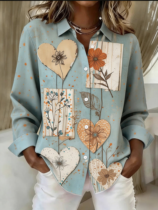 Women’s Vintage Floral Print Blue Casual Long-Sleeved Shirt