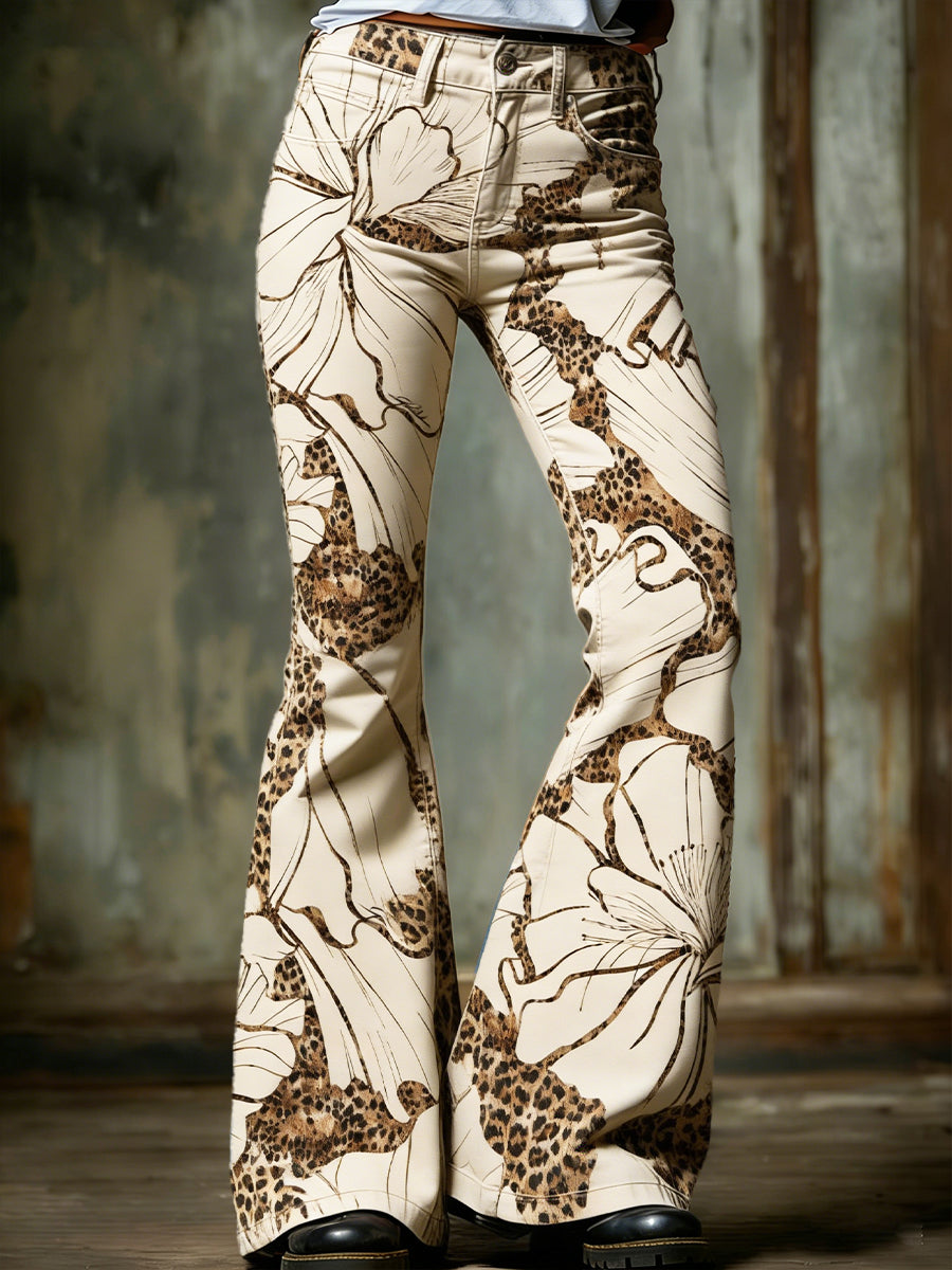 Women's Bohemian Floral and Leopard Print Casual Fashion Flared Trousers