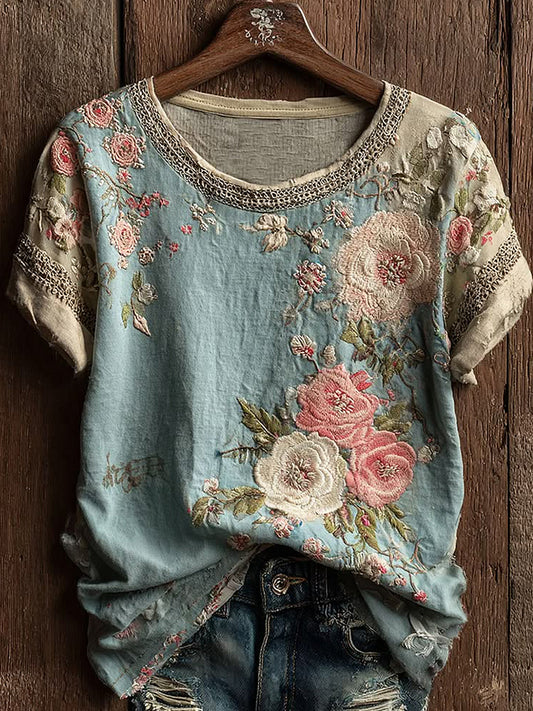 Flower Printed Vintage Fashion Loose Short Sleeve T-Shirt