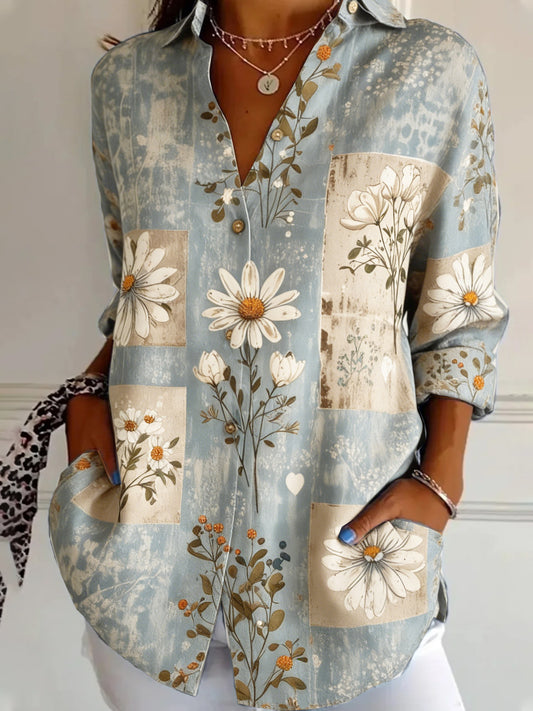 Women’s Vintage Floral Print Fashionable Grey Long-Sleeved Shirt