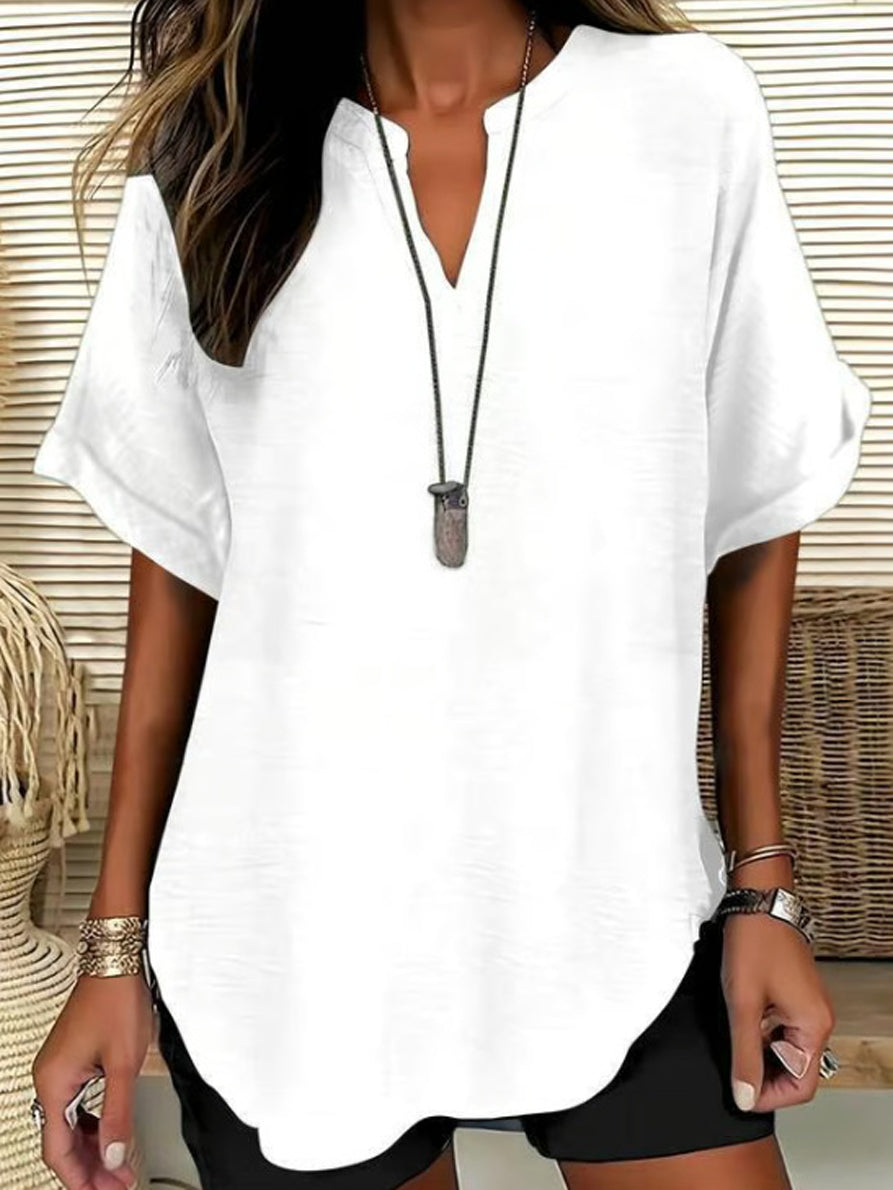 Women's Casual Solid-Color V-Neck Short-Sleeve Shirt