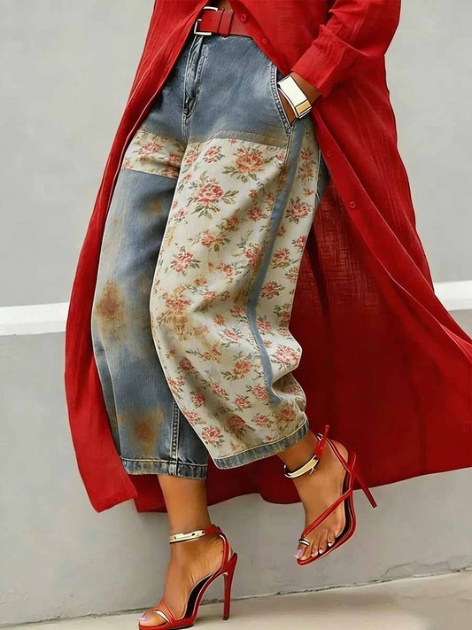 Women's Fashion Floral Pattern Print Casual Wide-Leg Pants