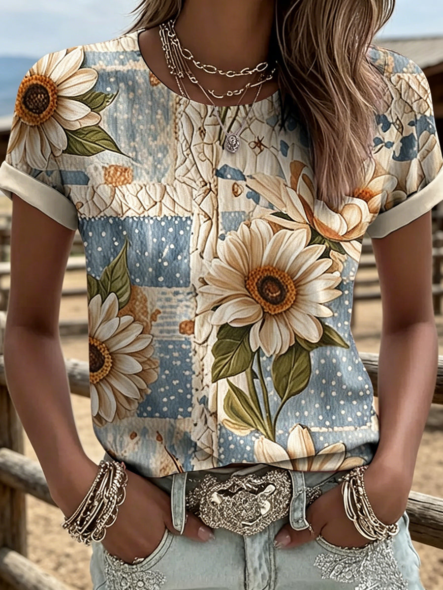 Flower Printed Vintage Fashion Loose Short Sleeve T-Shirt