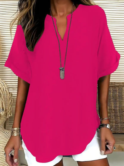 Women's Casual Solid-Color V-Neck Short-Sleeve Shirt