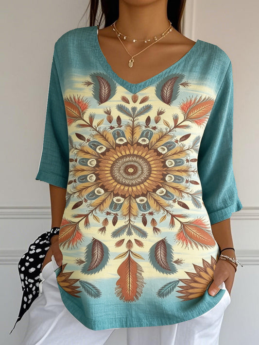 Women's Bohemian Floral Print Casual Fashion V-neck T-shirt