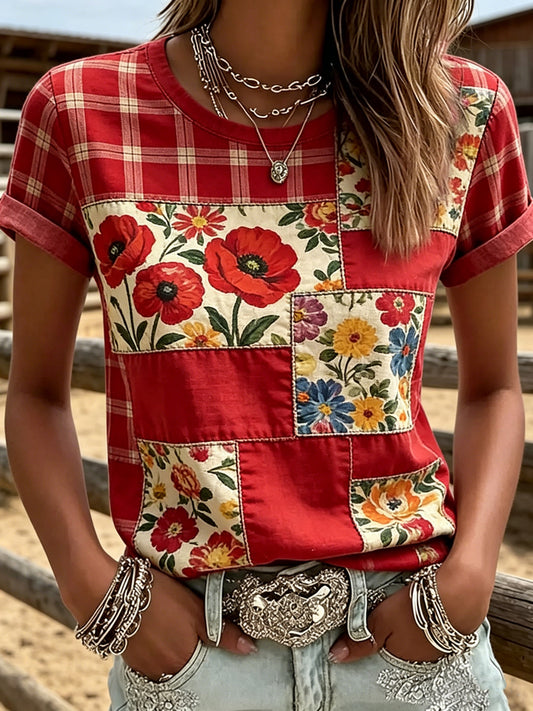 Flower Printed Vintage Fashion Loose Short Sleeve T-Shirt