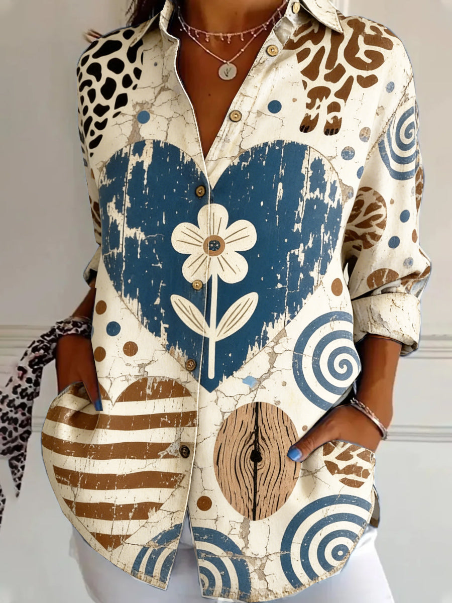Women’s Vintage Heart-and-Flower Leopard-Print Fashion Casual Long-Sleeved Shirt