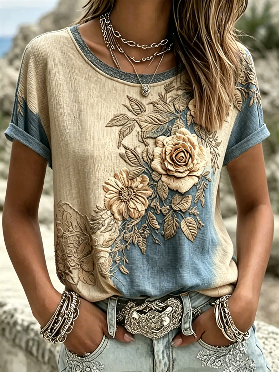 Flower Printed Vintage Fashion Loose Short Sleeve T-Shirt