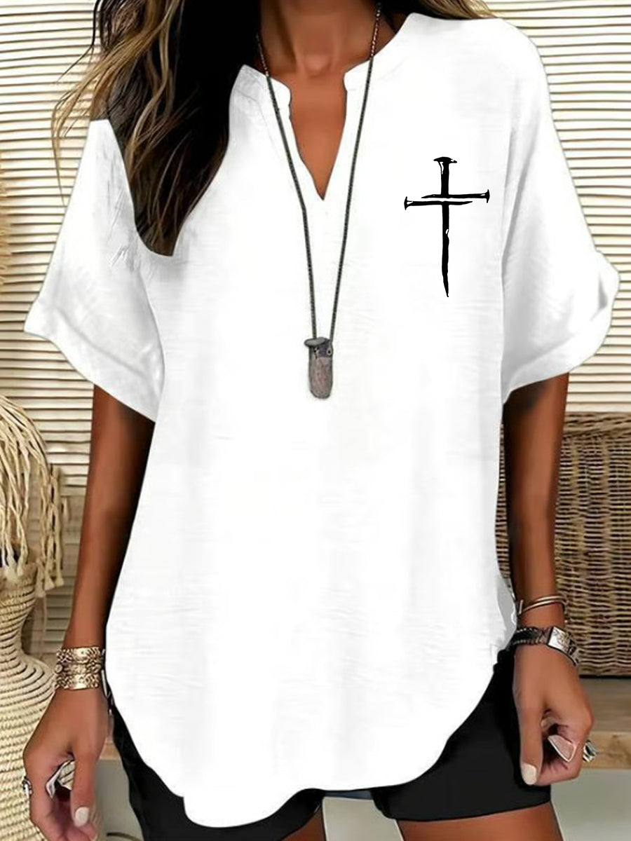 Women's Cross Print Casual Solid-Color V-Neck Short-Sleeve Shirt