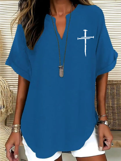 Women's Cross Print Casual Solid-Color V-Neck Short-Sleeve Shirt