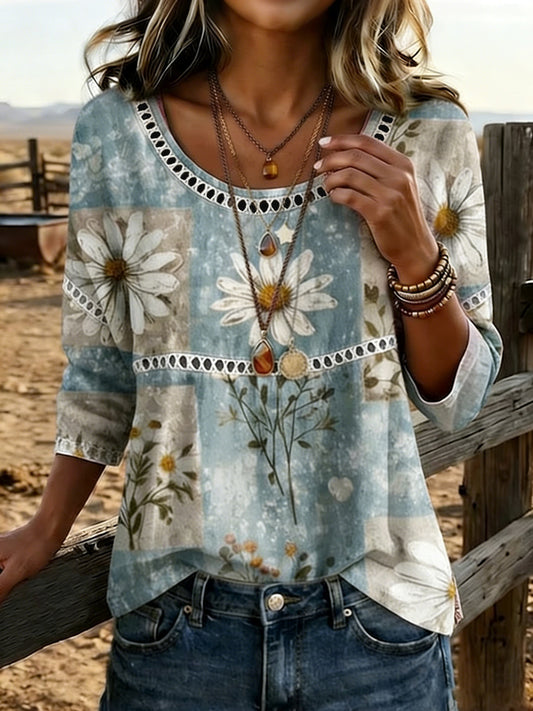 Women's Vintage Western Plants Flowers Print Casual Top