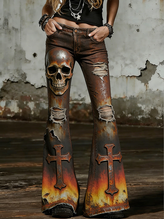 Women's Gothic Skull Art Print Flared Trousers