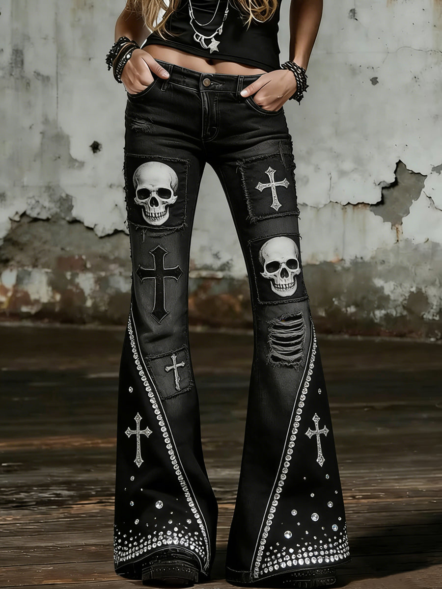 Women's Skull Art Print Flared Trousers