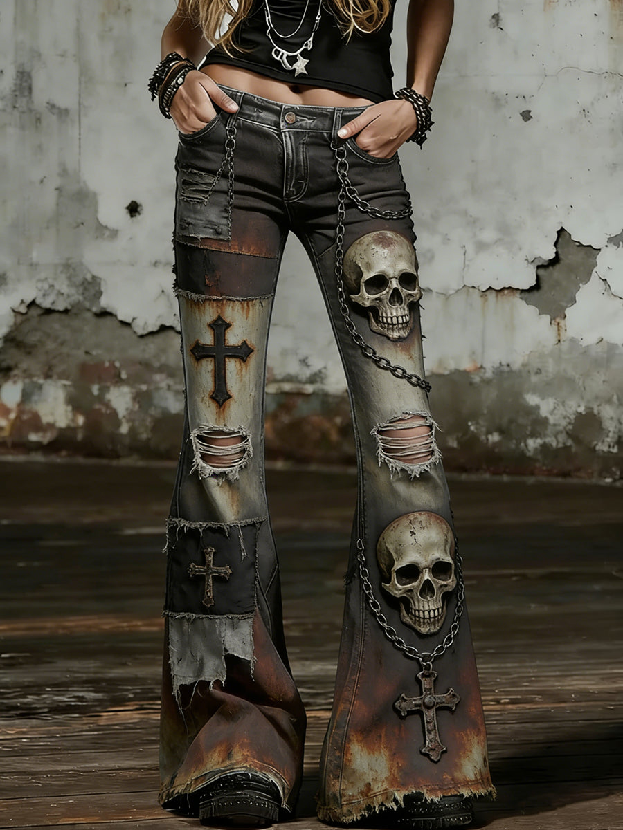 Women's Gothic Skull Art Print Flared Trousers
