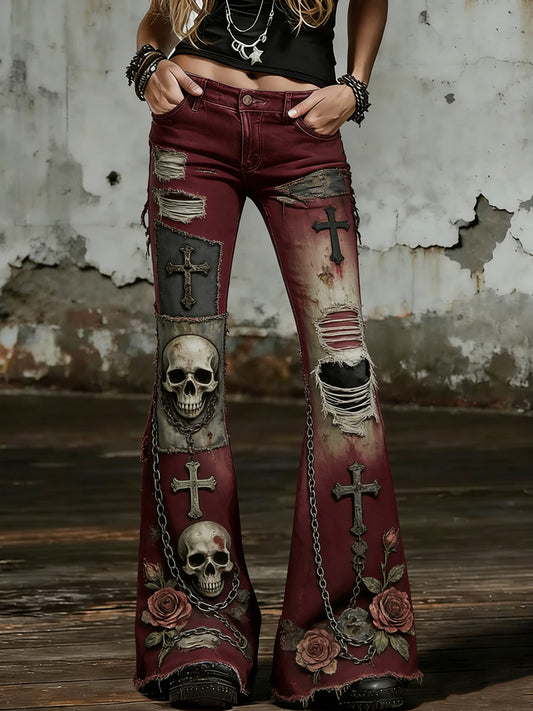 Women's Gothic Skull Art Print Flared Trousers
