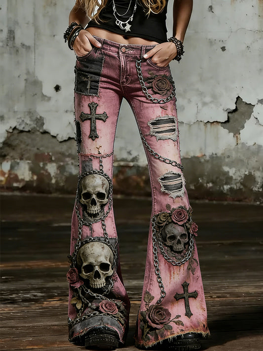 Women's Gothic Skull Art Print Flared Trousers